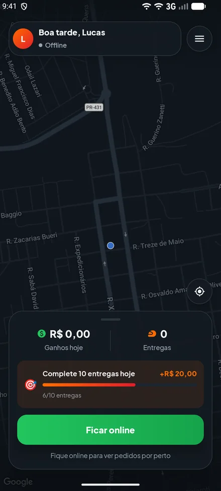 App EatsGo Entregador com mapa e ganhos do dia