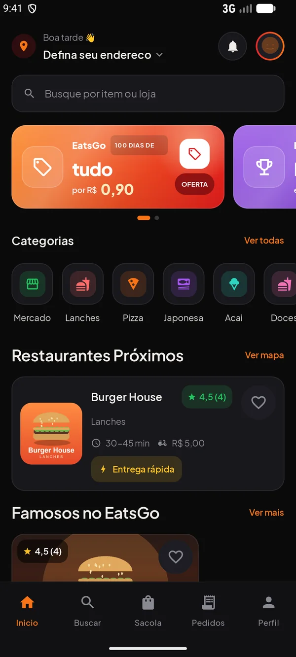 Tela inicial do app EatsGo com categorias e restaurantes próximos