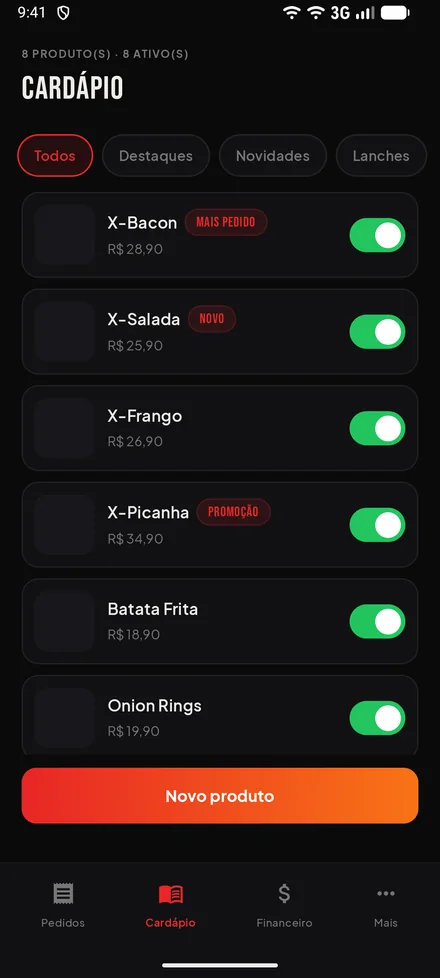 App EatsGo Parceiro com o cardápio da loja