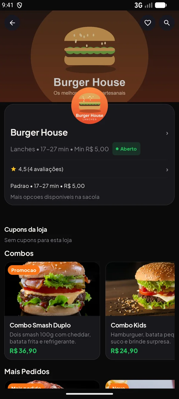 Tela de um restaurante no app EatsGo com cardápio e combos